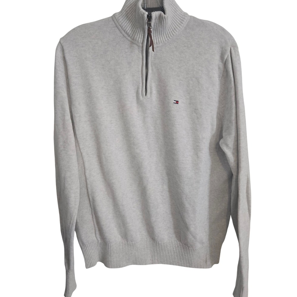 Tommy‎ Hilfiger Quarter Zip Sweater Men's Medium Gray Ribbed Knit Logo Classic